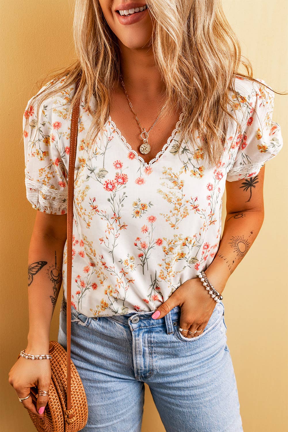 LDC Boho Floral Lace Trim Short Sleeve Blouse