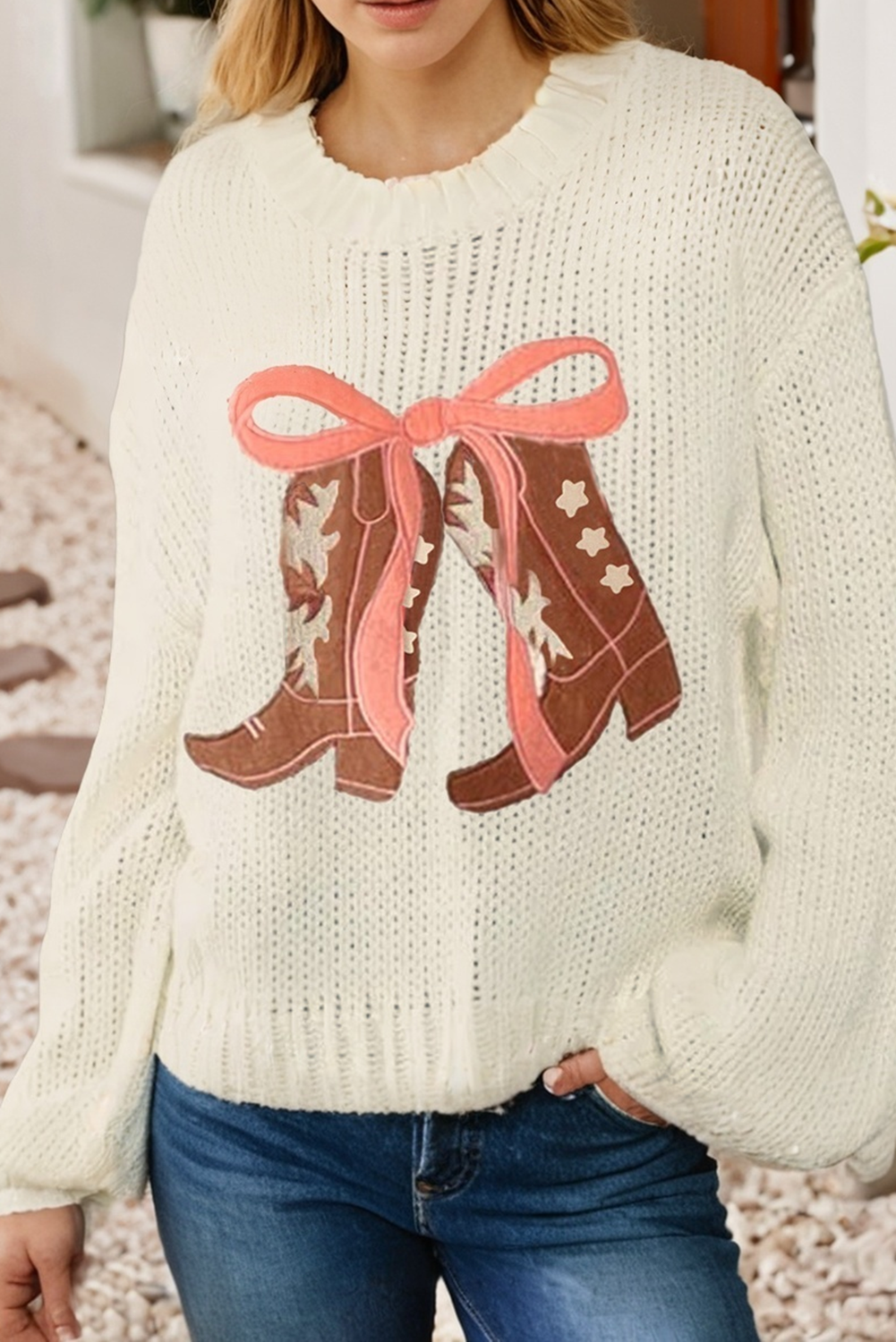LDC Embroidered Bow & Boots Graphic Drop Shoulder Sweater