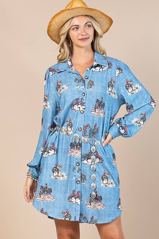 AV1375-VIRGINIA WILD WEST DENIM PRINT BUTTON DOWN HACCI DRES