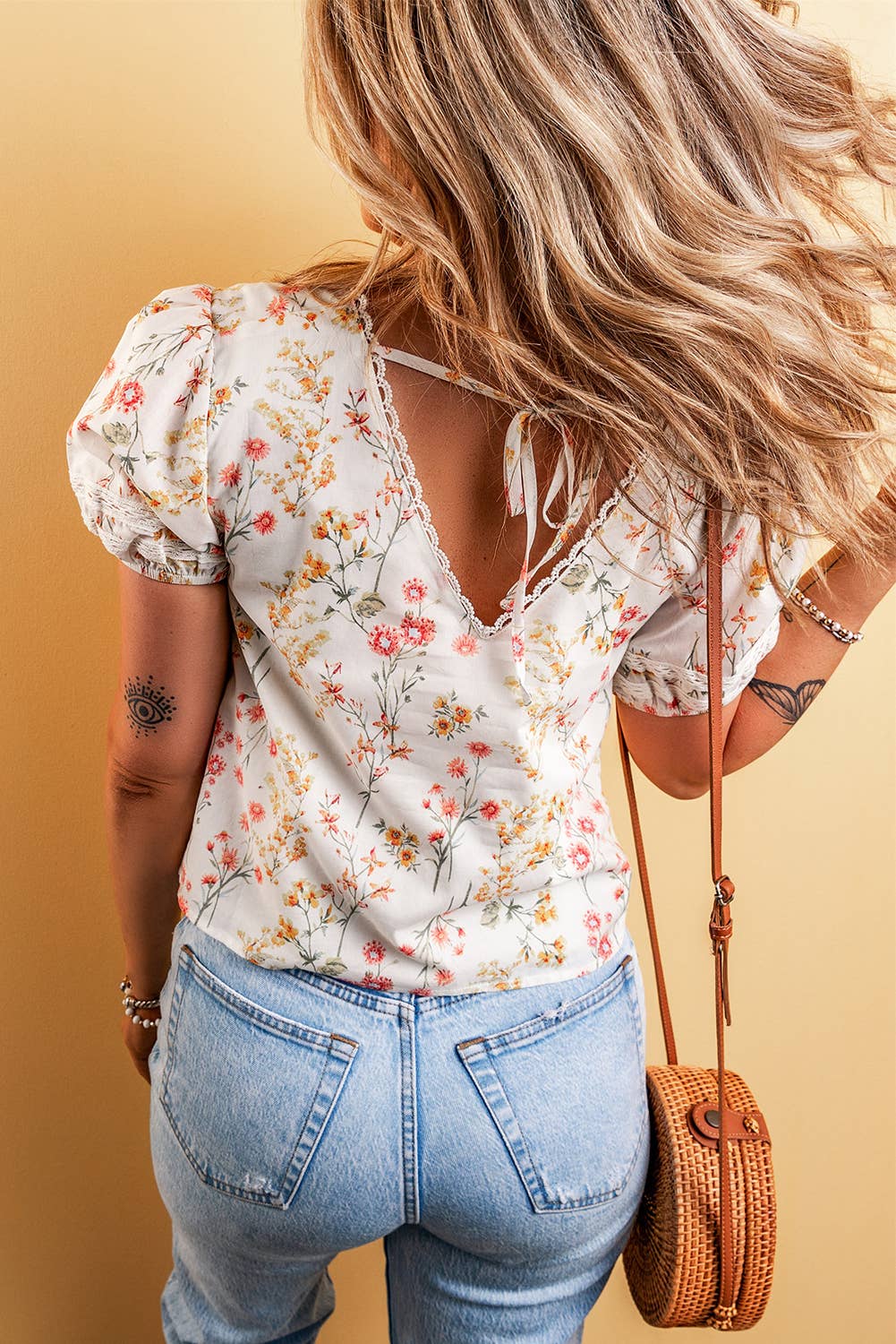 LDC Boho Floral Lace Trim Short Sleeve Blouse
