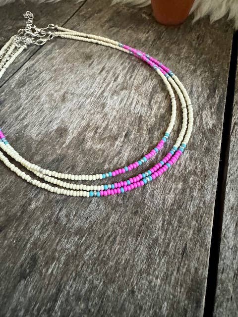 Beaded Seed Bead Choker, Bone/Pink