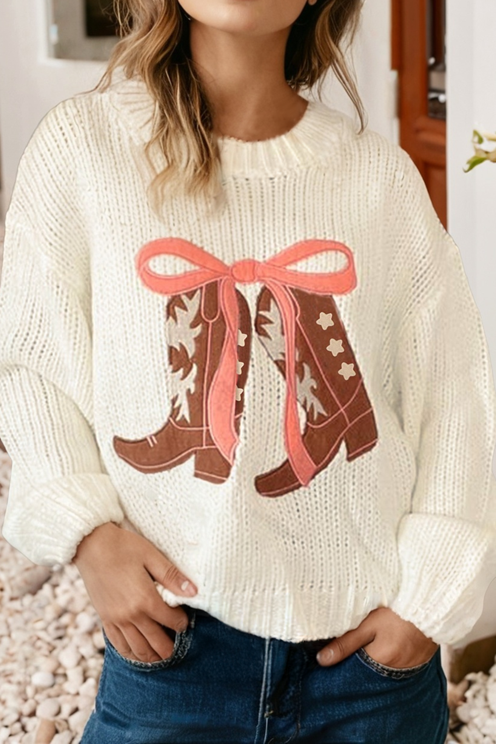 LDC Embroidered Bow & Boots Graphic Drop Shoulder Sweater