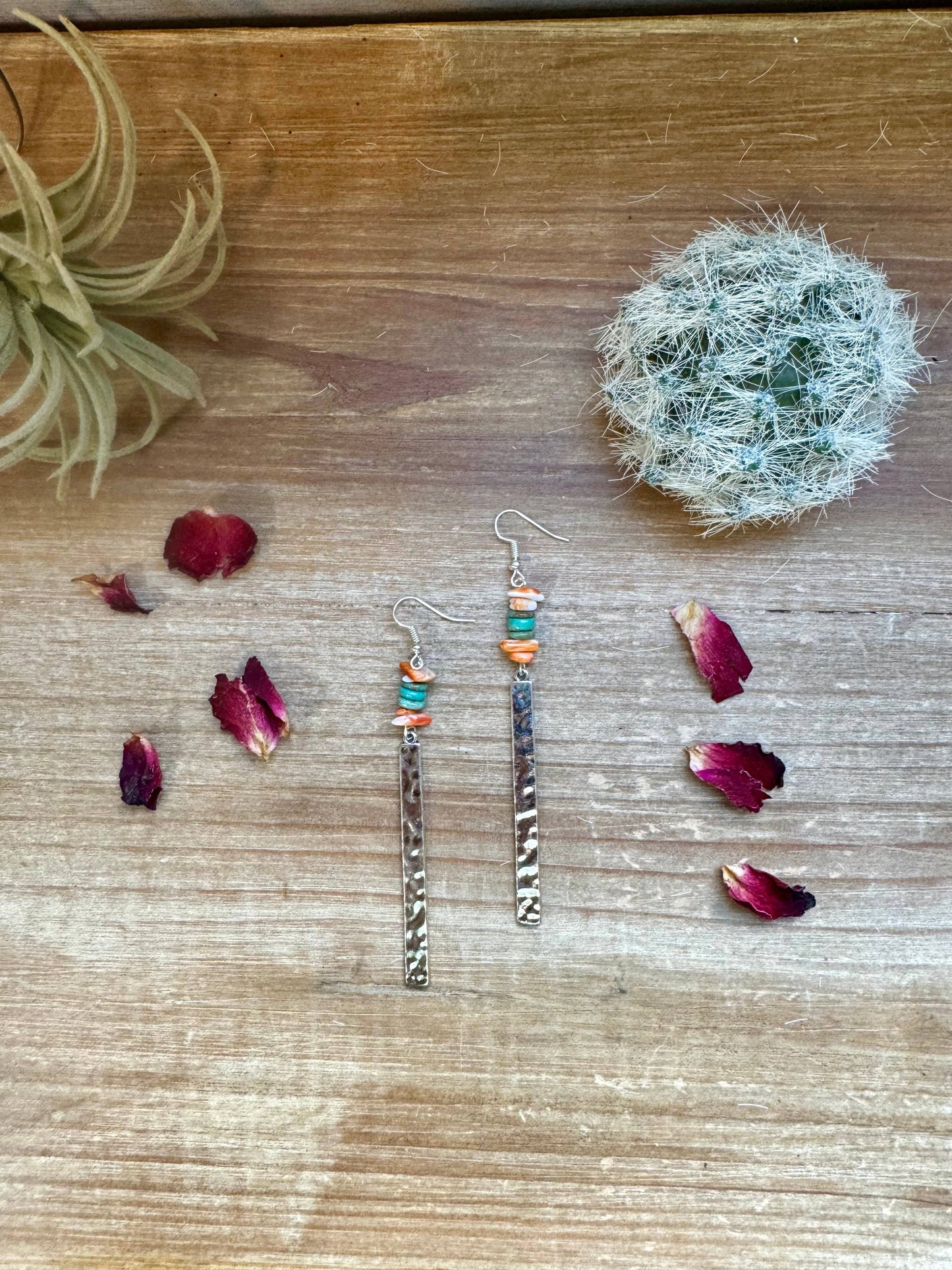 Spiny chips and turquoise disk dangle earrings