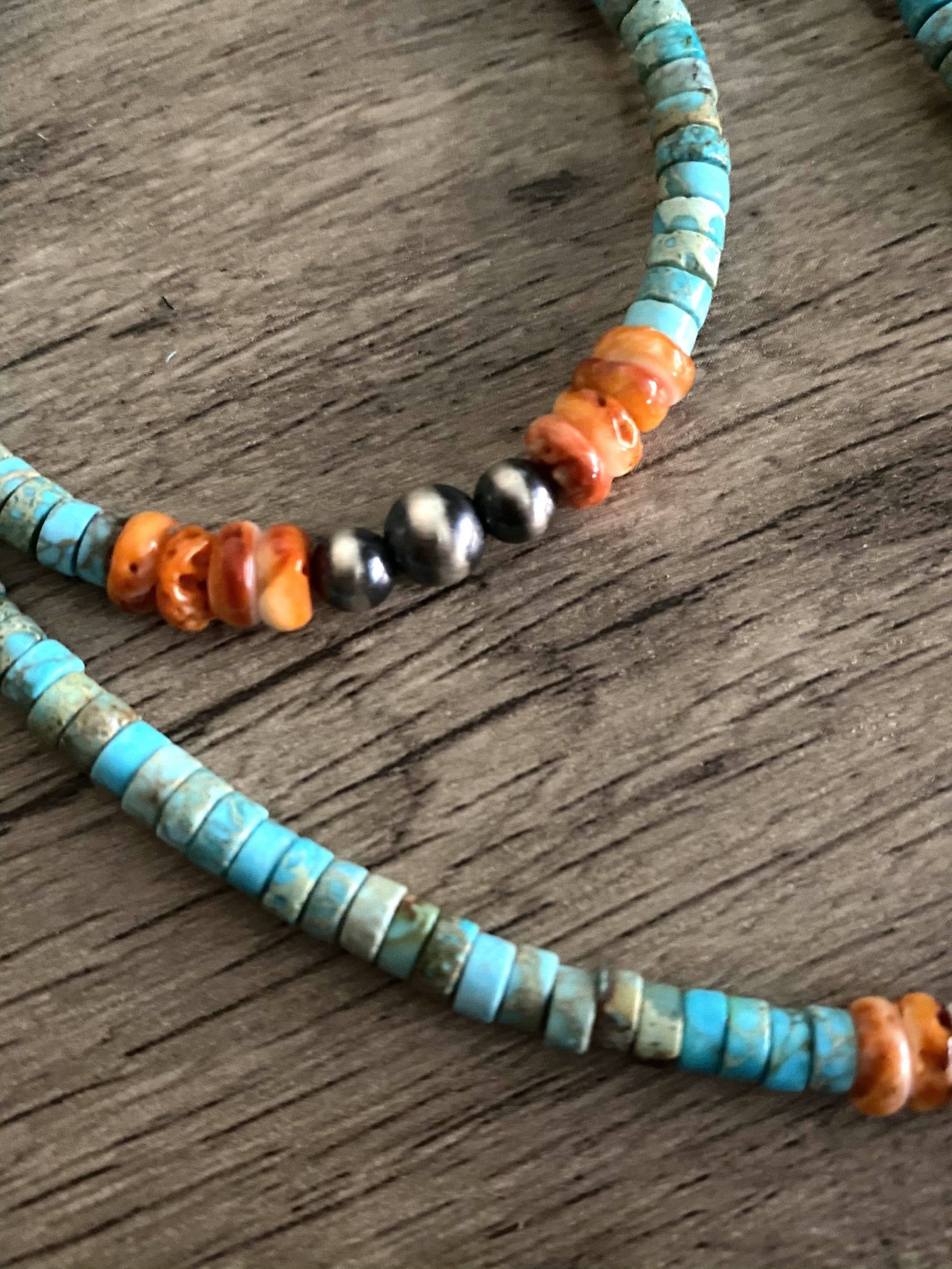 Vibrant Choker - Sterling Silver Pearls and Spiny Orange on Turquoise Veracite