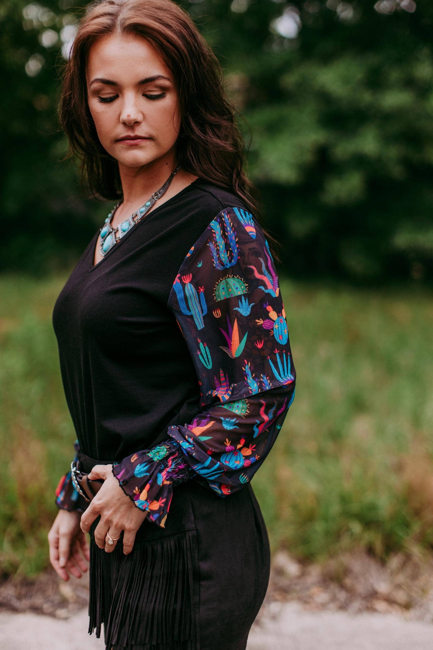 MK394 Susie V Neck Mesh Long Sleeve Top