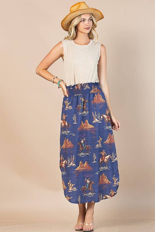 AV1213-CHIARA WILD WEST DENIM PRINT WOVEN MAXI SKIRT