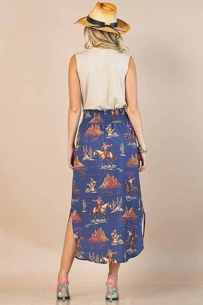 AV1213-CHIARA WILD WEST DENIM PRINT WOVEN MAXI SKIRT