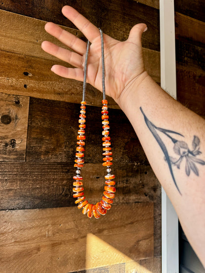 22 Inch orange spiny, hematite and sterling silver pearls