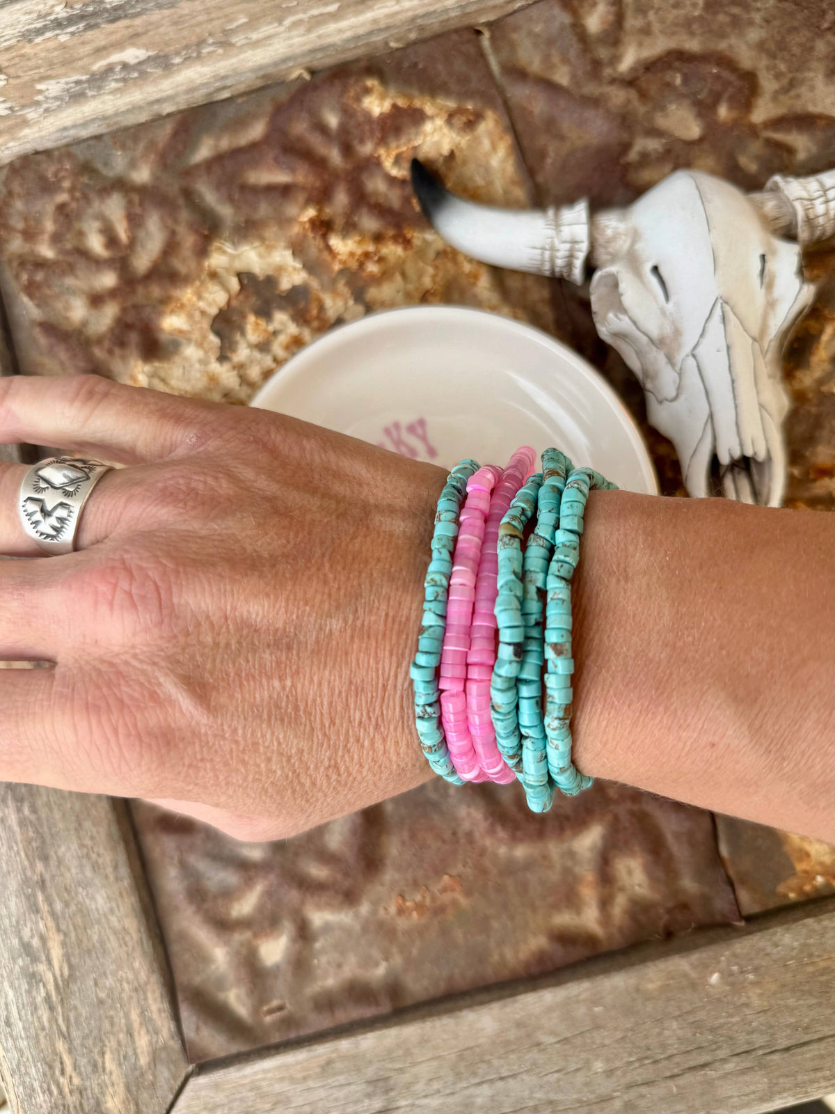 Faux Turquoise Bracelet/Pink Stacker Bracelet/Western Boho