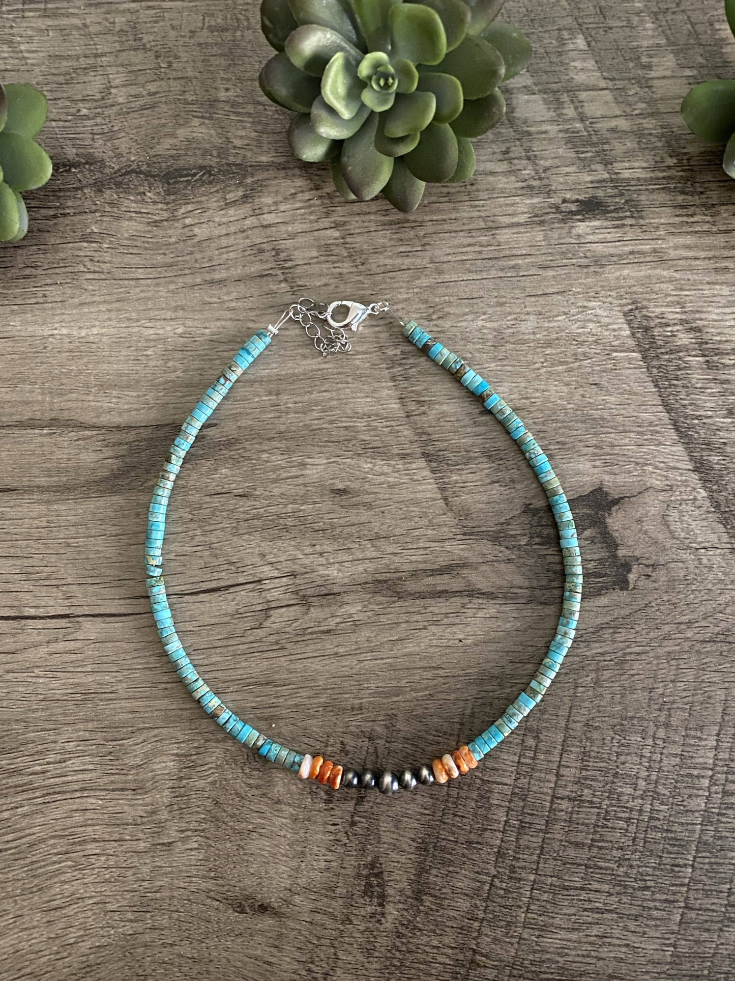 Vibrant Choker - Sterling Silver Pearls and Spiny Orange on Turquoise Veracite