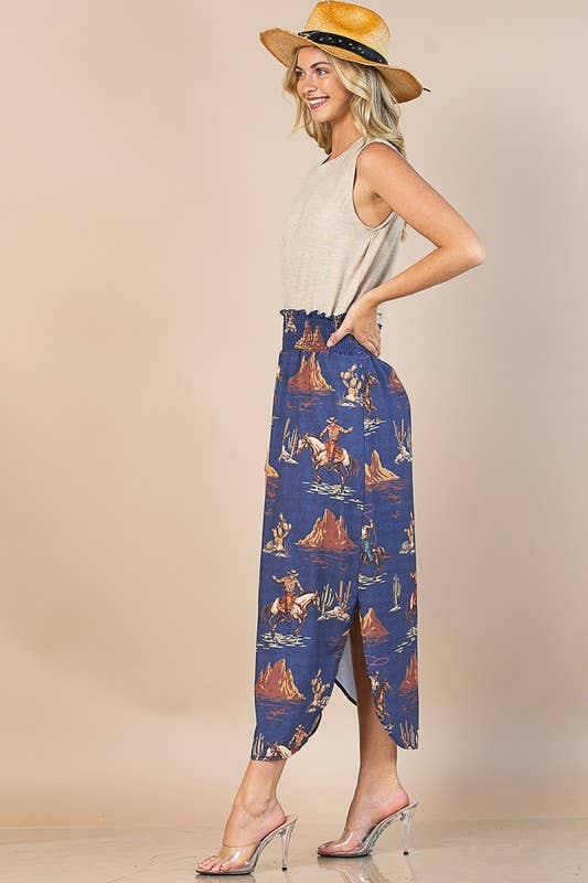 AV1213-CHIARA WILD WEST DENIM PRINT WOVEN MAXI SKIRT