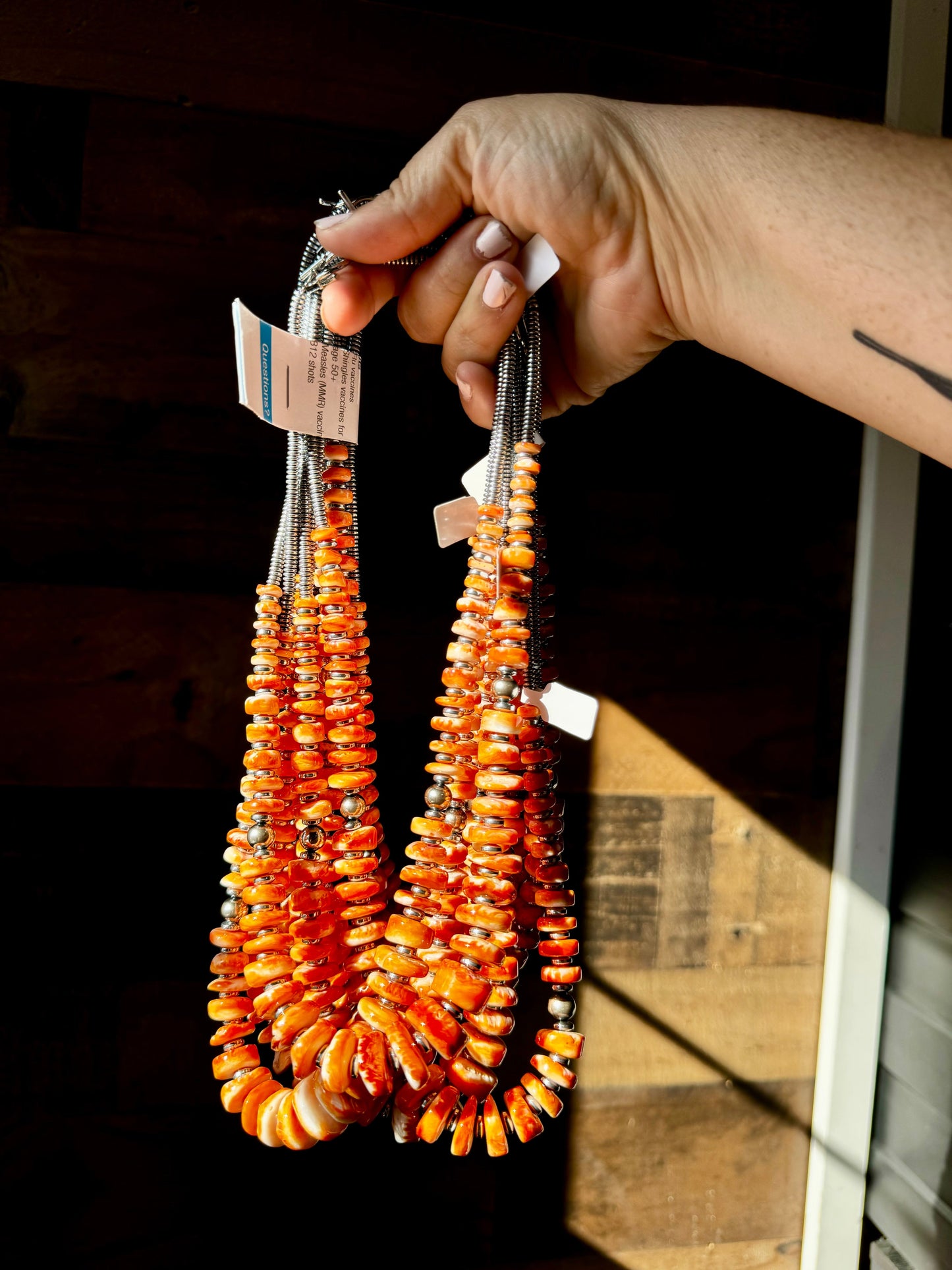 22 Inch orange spiny, hematite and sterling silver pearls