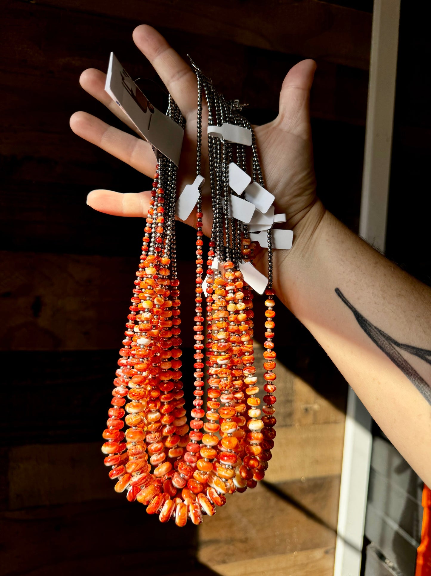 22 Inch orange spiny and sterling silver pearls