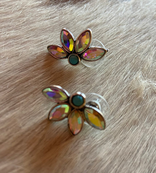 Iridescent Turquoise Floral Stud Earrings