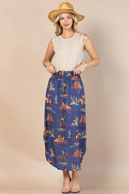 AV1213-CHIARA WILD WEST DENIM PRINT WOVEN MAXI SKIRT