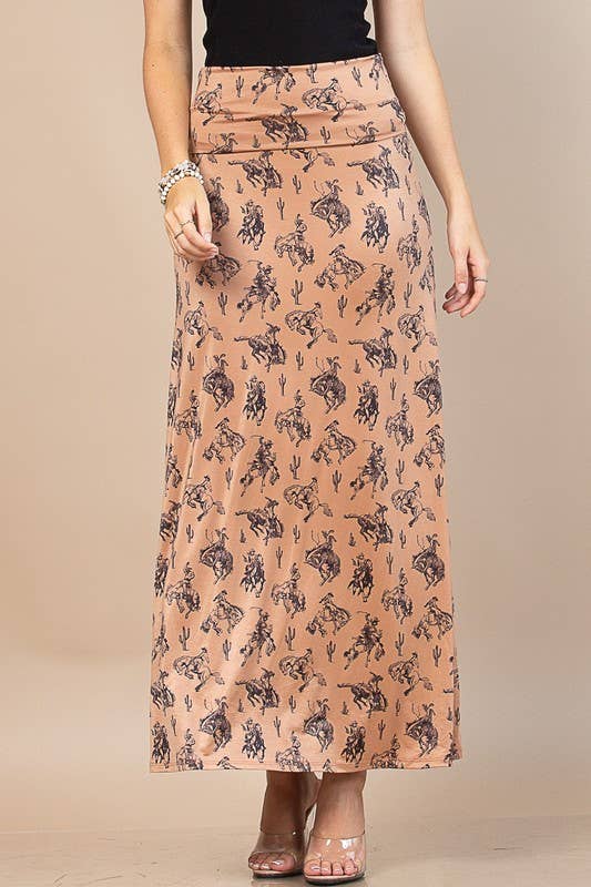 AV1244-BELLA WESTERN BUCKING HORSES PRINT KNIT MAXI SKIRT