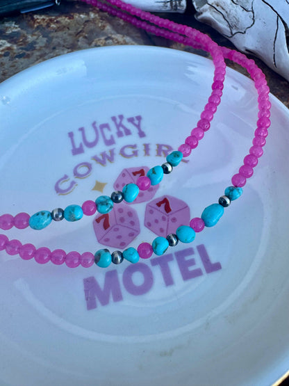 Pink Choker with Turquoise & Navajo Pearls/Western Choker