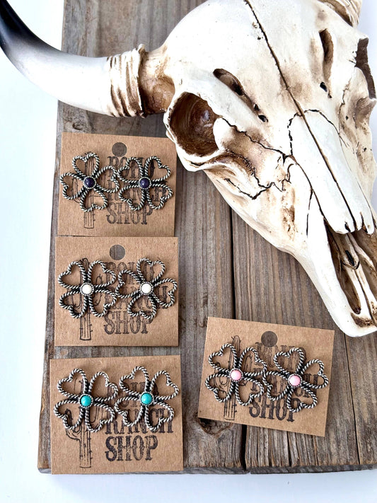 Clover with Stone Stud Earrings