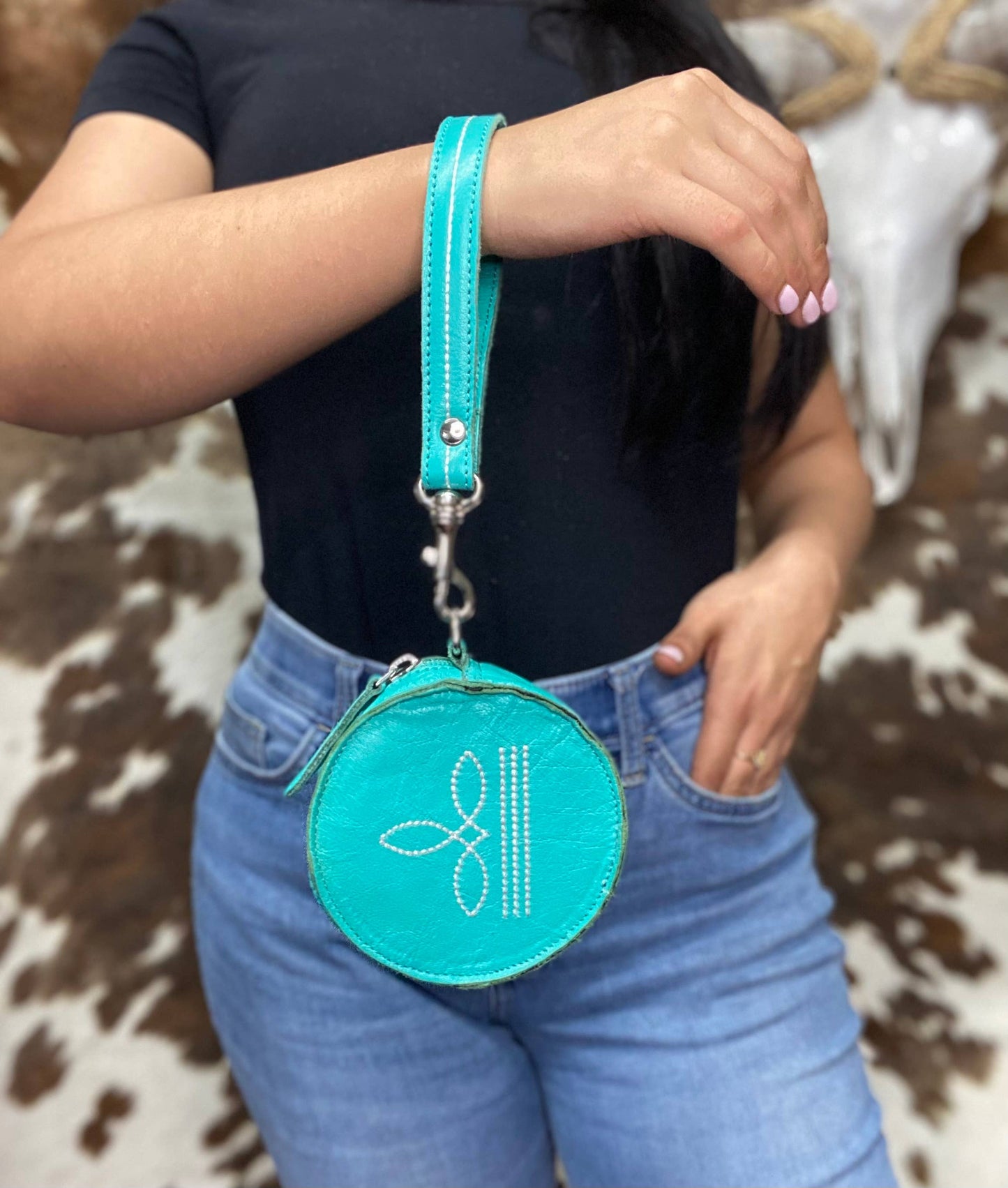 Turquoise Round Boot Stitch Leather Wristlet Pouch