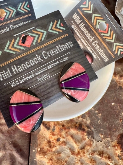 Western Inlay Coral Stud Earrings