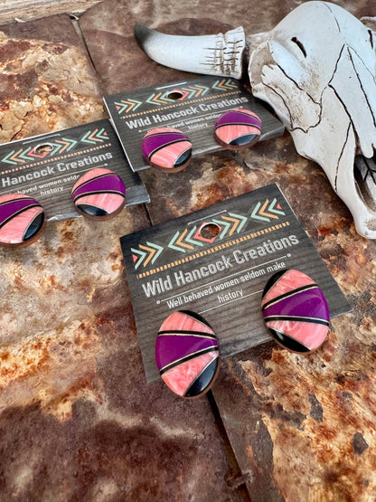 Western Inlay Coral Stud Earrings