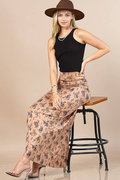 AV1244-BELLA WESTERN BUCKING HORSES PRINT KNIT MAXI SKIRT