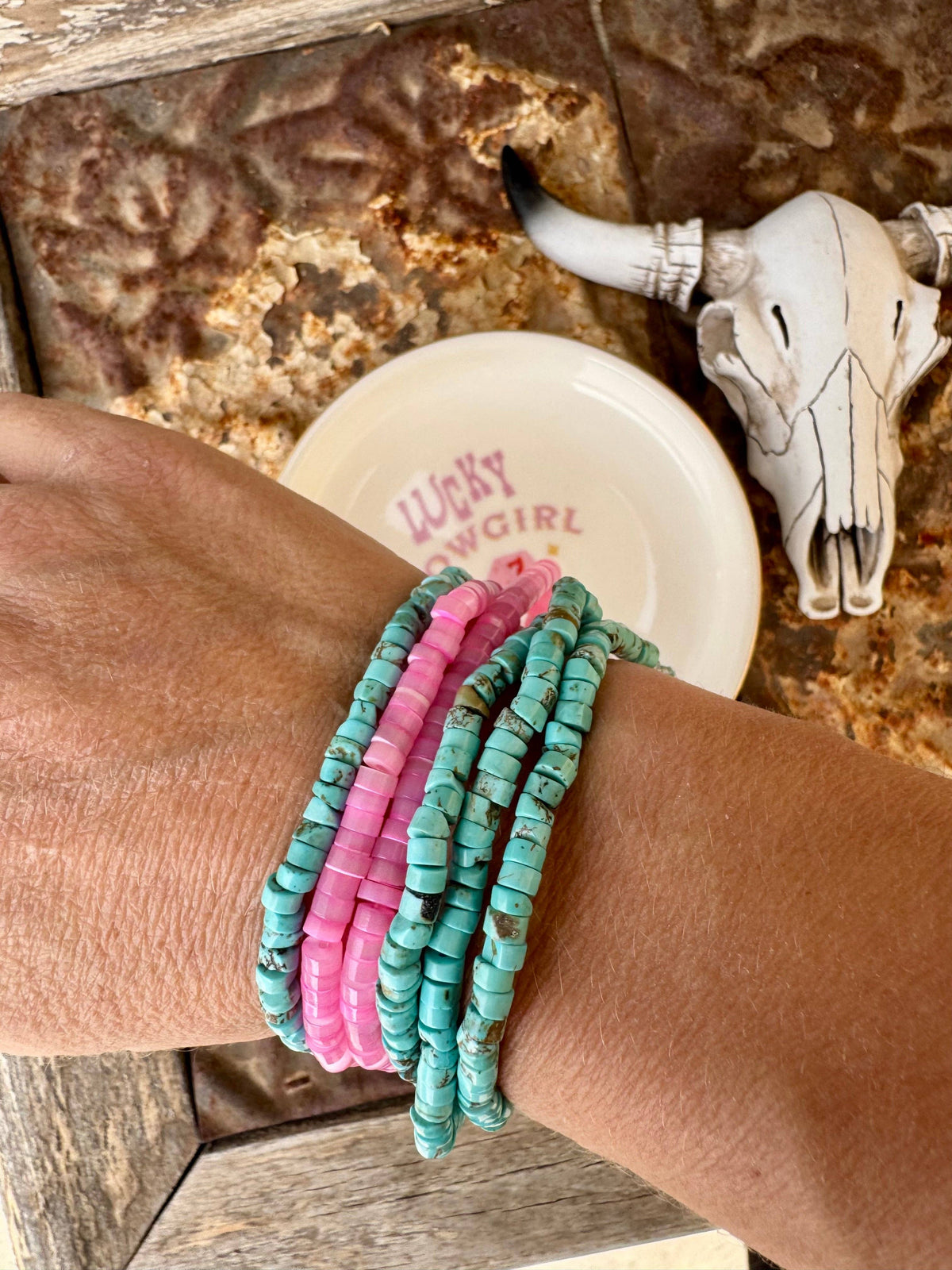 Faux Turquoise Bracelet/Pink Stacker Bracelet/Western Boho