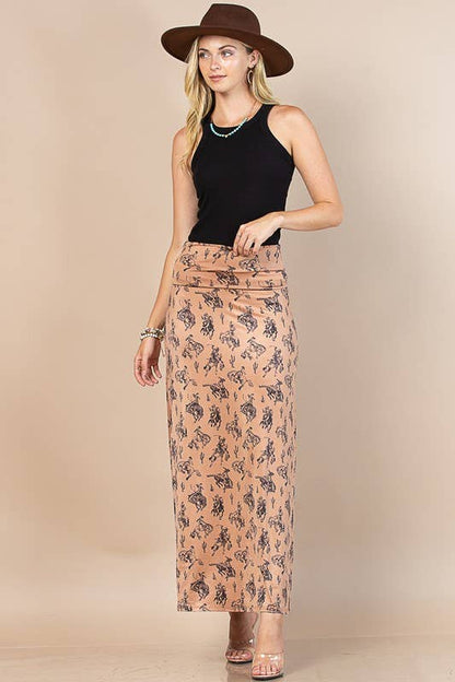 AV1244-BELLA WESTERN BUCKING HORSES PRINT KNIT MAXI SKIRT